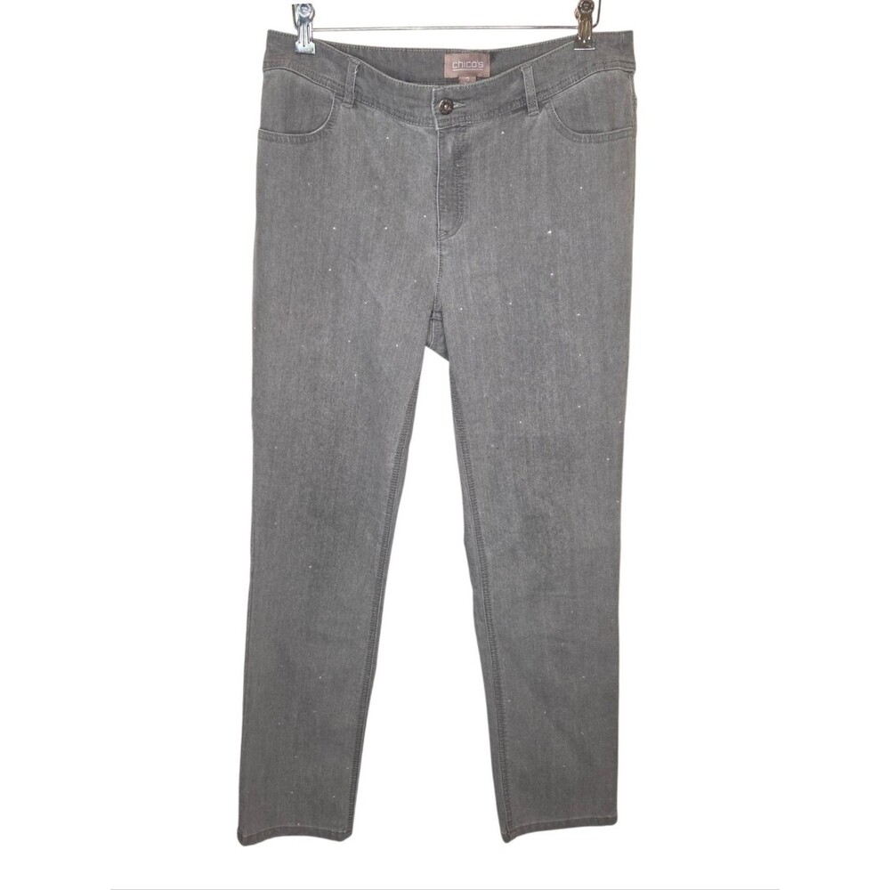 Chico's Gray Rhinestone Embellished Straight Leg Denim Jeans Size 2 (12)